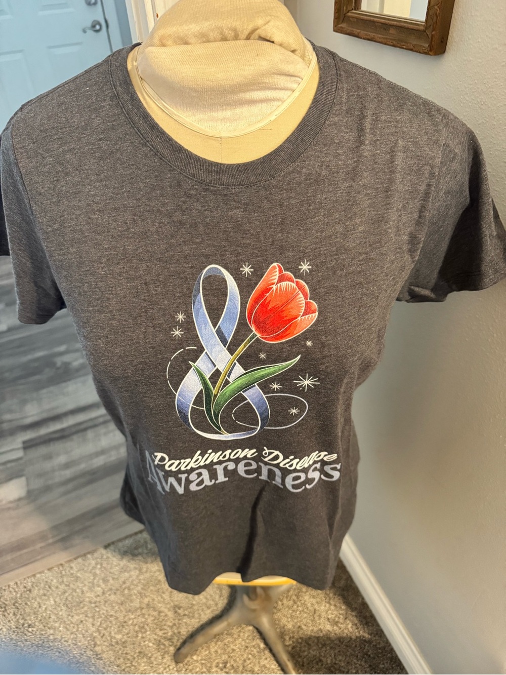 Awareness Short Sleeve Tee with Red Tulip Graphic - Charcoal